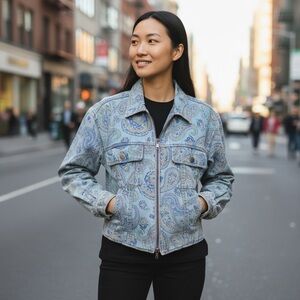 Lizwear Paisley Blue Jean Jacket Full Zip Cropped Vintage Size Large EUC